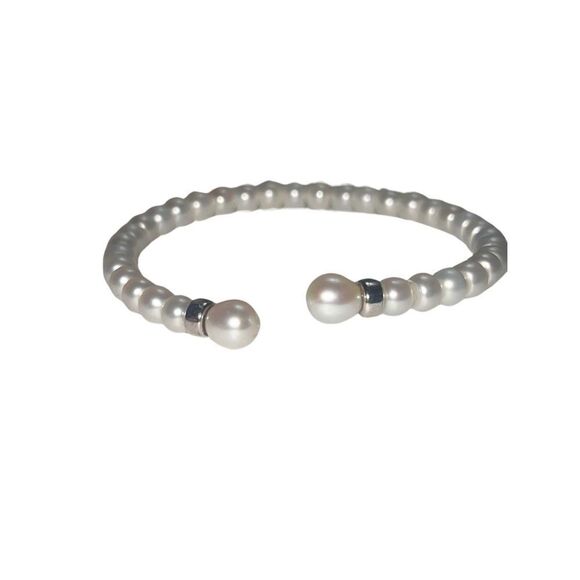 New Cultured Fresh Water Pearl Sterling Silver Rondelle Cuff Bracelet